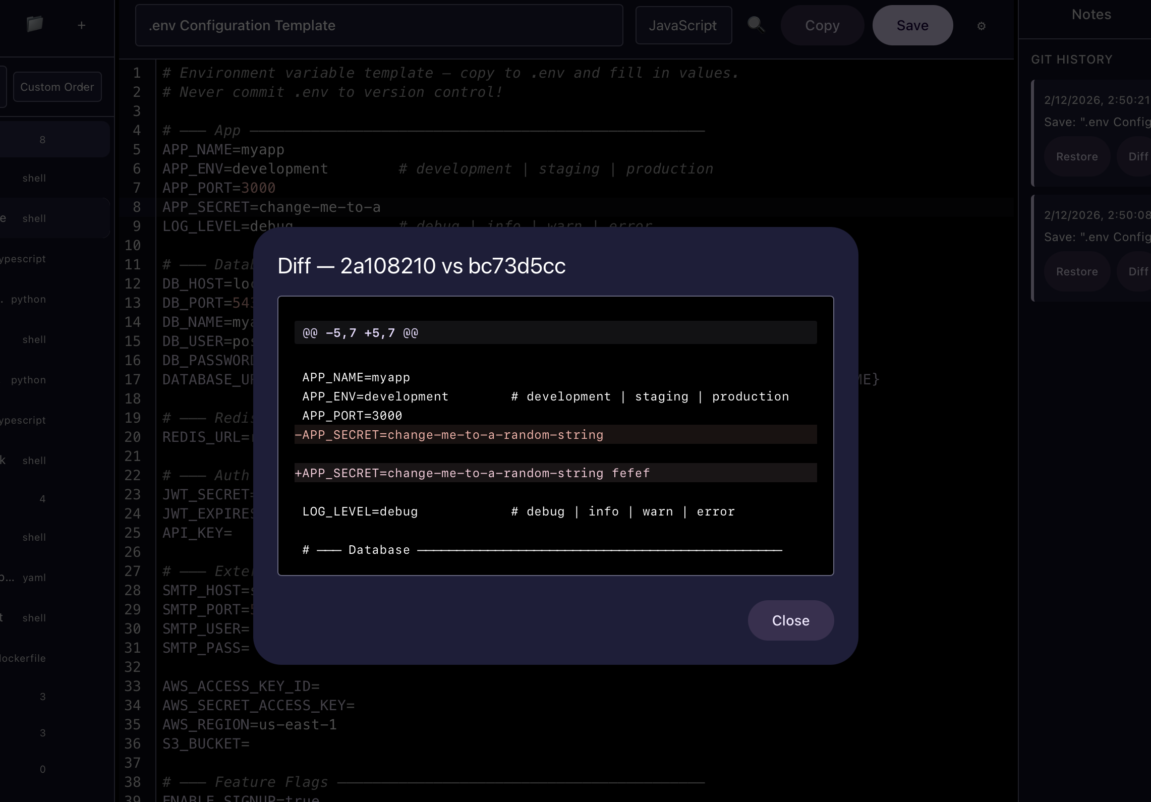 SnipWiz diff viewer comparing two versions of a snippet