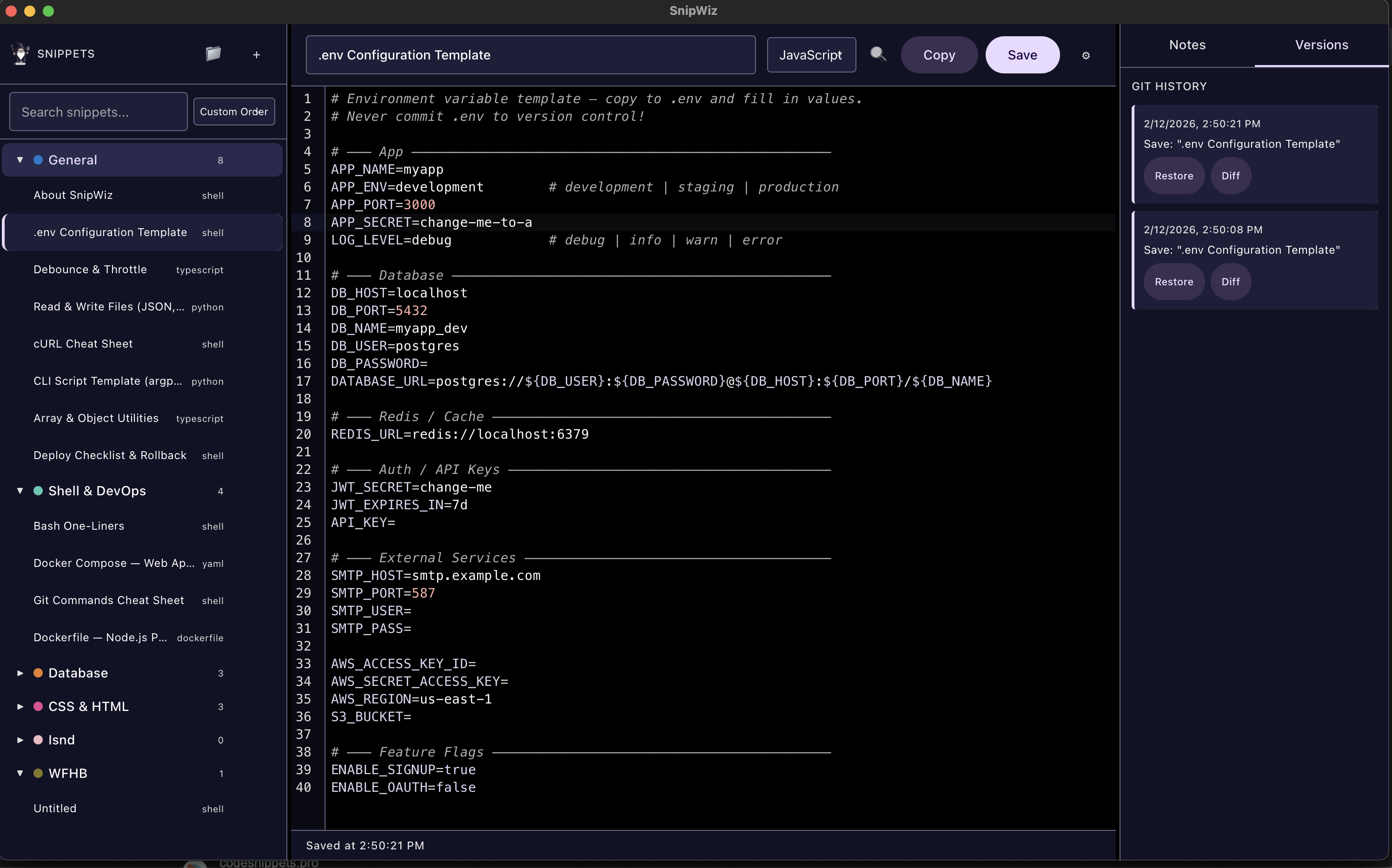SnipWiz app — dark theme with code editor, folder tree, and version history
